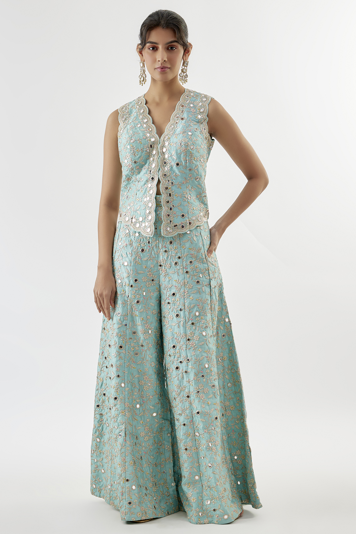 Blue Tussar Mirror Embellished Wide-Leg Trouser Set by GOPI VAID at Pernia's Pop Up Shop