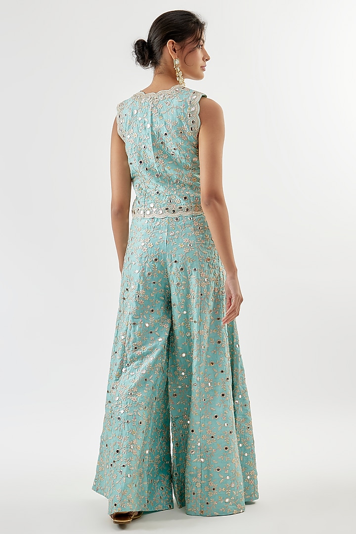Blue Tussar Mirror Embellished Wide-Leg Trouser Set by GOPI VAID at Pernia's Pop Up Shop