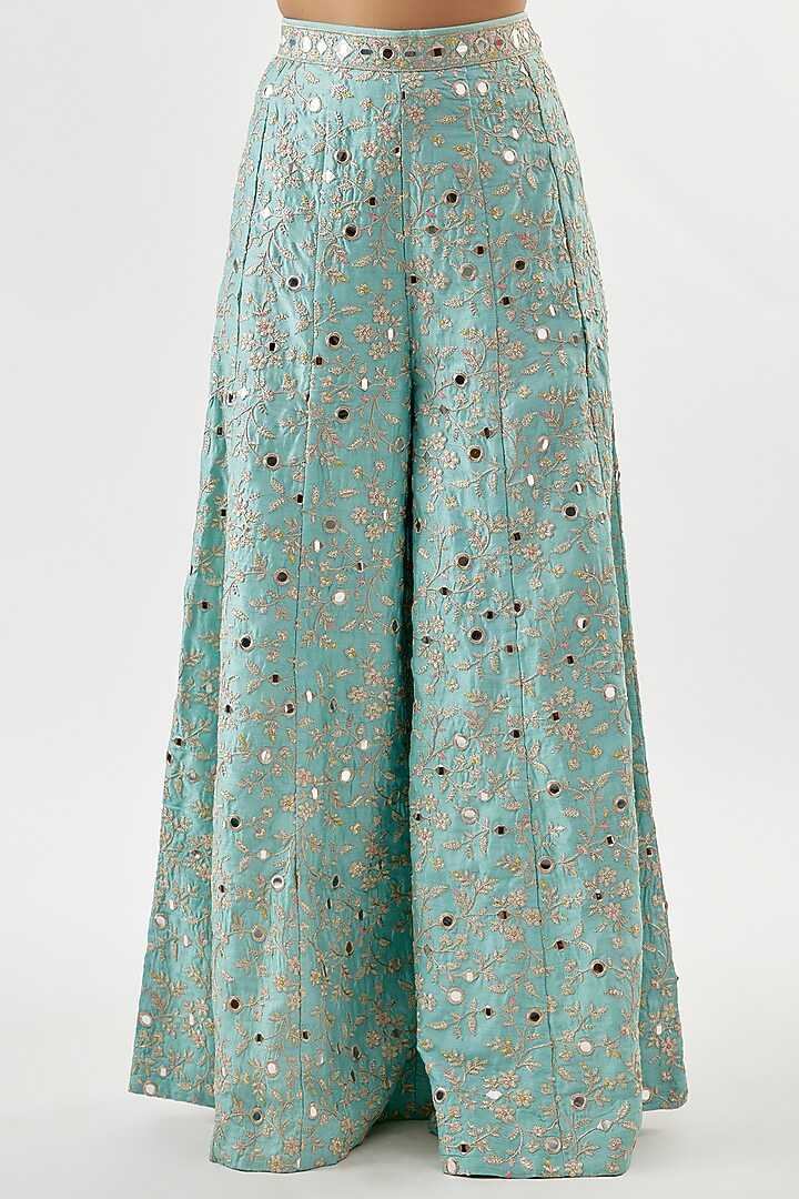 Blue Tussar Mirror Embellished Wide-Leg Trouser Set by GOPI VAID at Pernia's Pop Up Shop