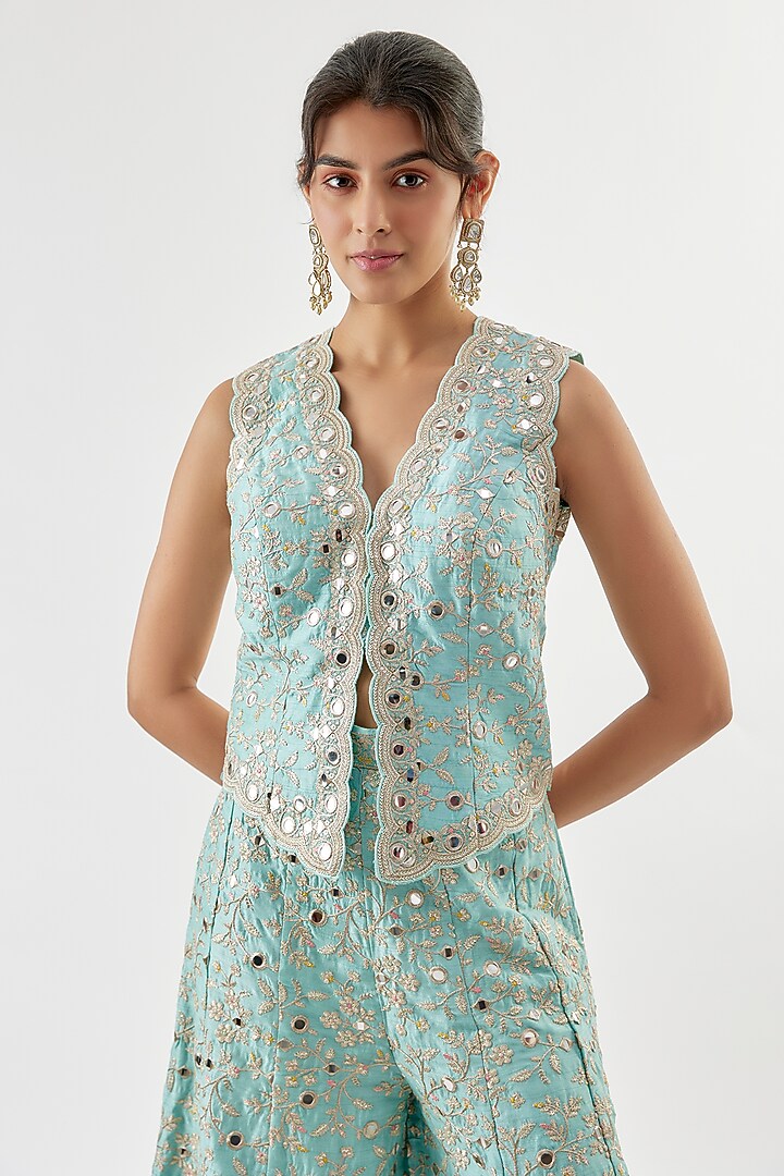 Blue Tussar Mirror Embellished Wide-Leg Trouser Set by GOPI VAID at Pernia's Pop Up Shop