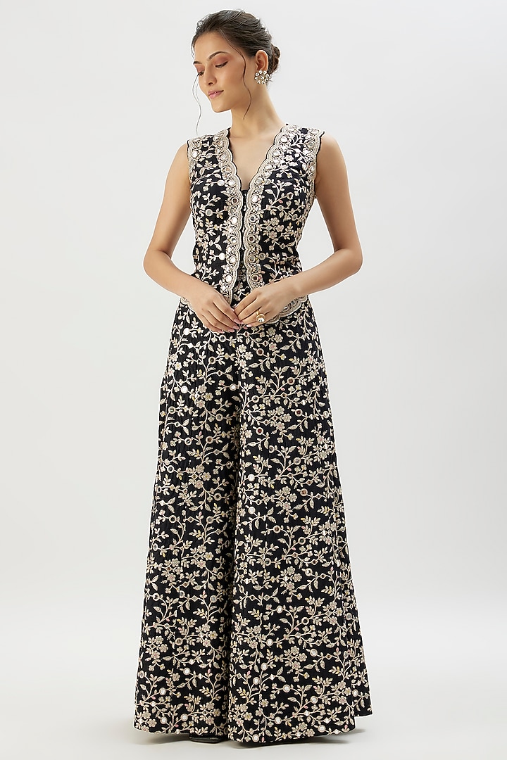 Black Tussar Mirror Embellished Wide-Leg Trouser Set by GOPI VAID at Pernia's Pop Up Shop