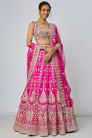 Pink Tussar Mirror Embellished Kalidar Lehenga Set by GOPI VAID