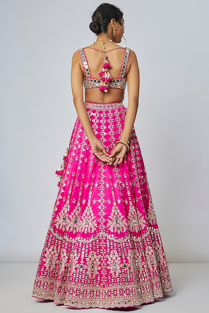 Pink Tussar Mirror Embellished Kalidar Wedding Lehenga Set by GOPI VAID at Pernia's Pop Up Shop