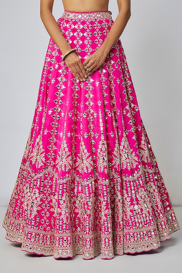 Pink Tussar Mirror Embellished Kalidar Wedding Lehenga Set by GOPI VAID at Pernia's Pop Up Shop