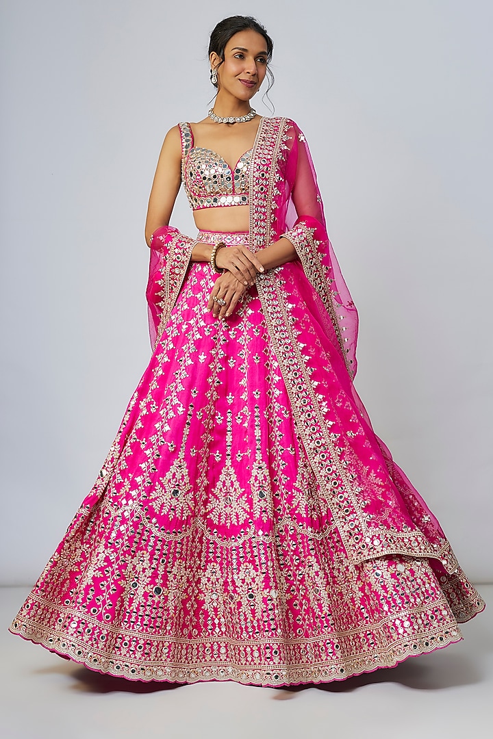 Pink Tussar Mirror Embellished Kalidar Wedding Lehenga Set by GOPI VAID at Pernia's Pop Up Shop