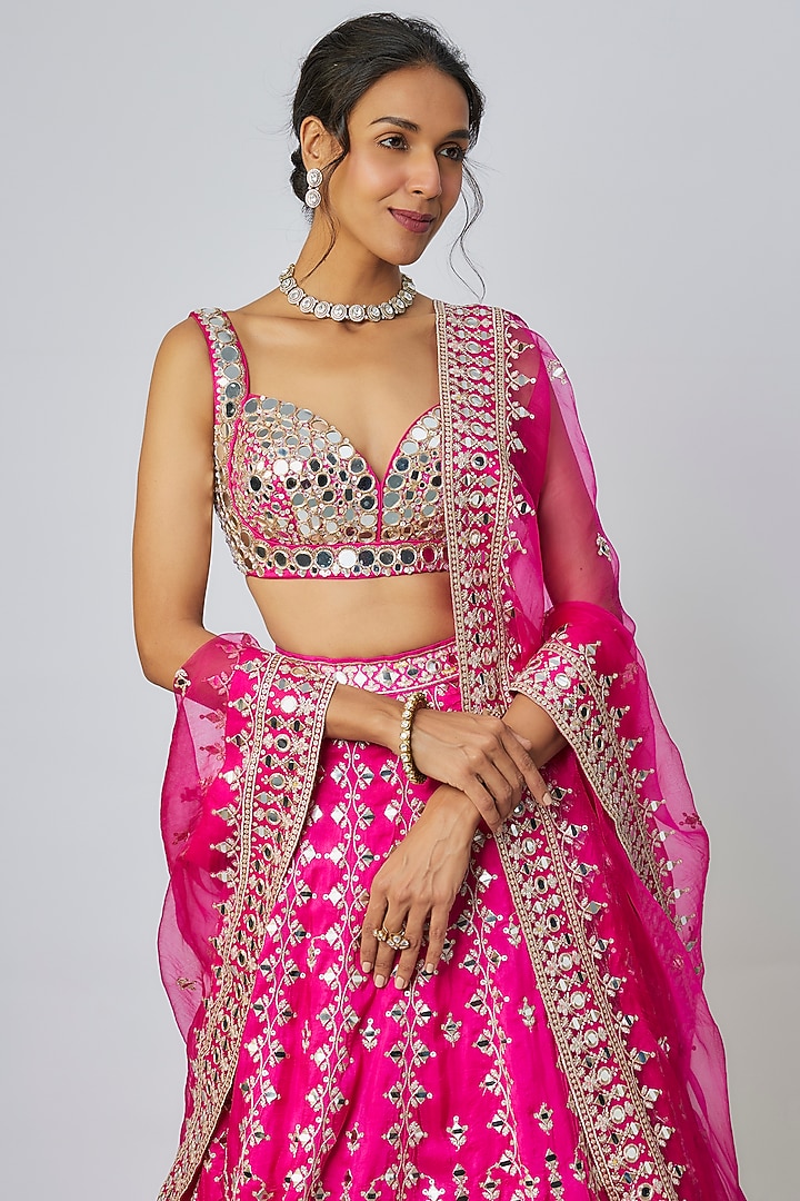 Pink Tussar Mirror Embellished Kalidar Wedding Lehenga Set by GOPI VAID at Pernia's Pop Up Shop