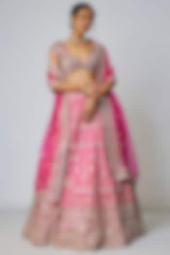 Pink Tussar Thread & Mirror Embellished Kalidar Bridal Lehenga Set by GOPI VAID at Pernia's Pop Up Shop