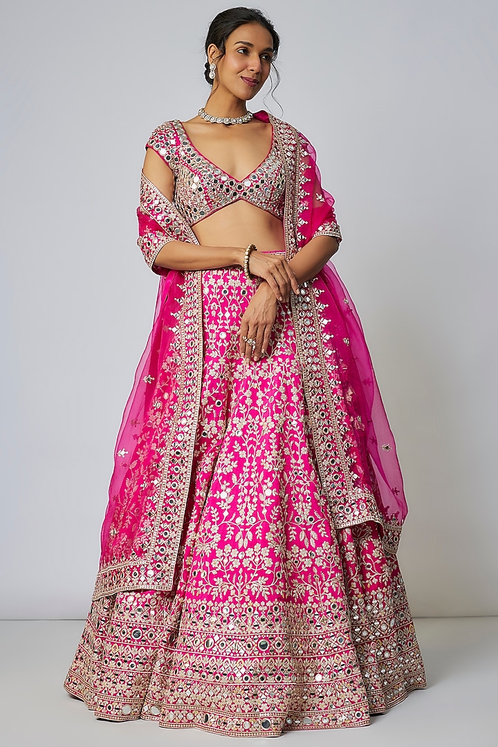 Pink Tussar Thread & Mirror Embellished Kalidar Bridal Lehenga Set by GOPI VAID at Pernia's Pop Up Shop