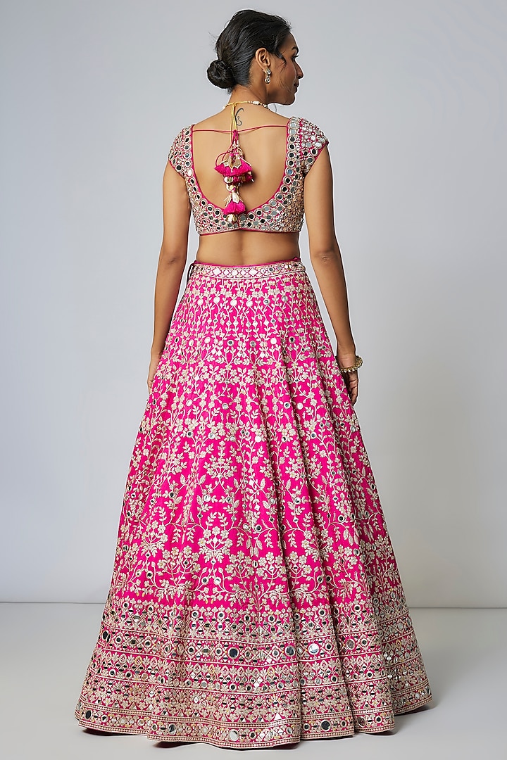 Pink Tussar Thread & Mirror Embellished Kalidar Bridal Lehenga Set by GOPI VAID at Pernia's Pop Up Shop