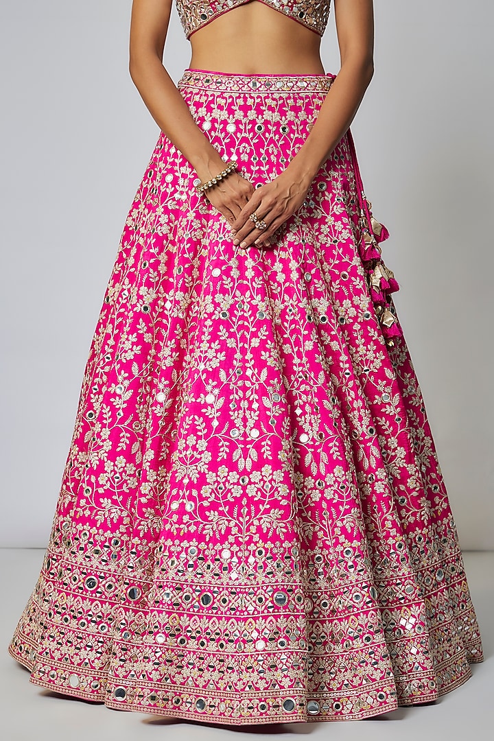 Pink Tussar Thread & Mirror Embellished Kalidar Bridal Lehenga Set by GOPI VAID at Pernia's Pop Up Shop