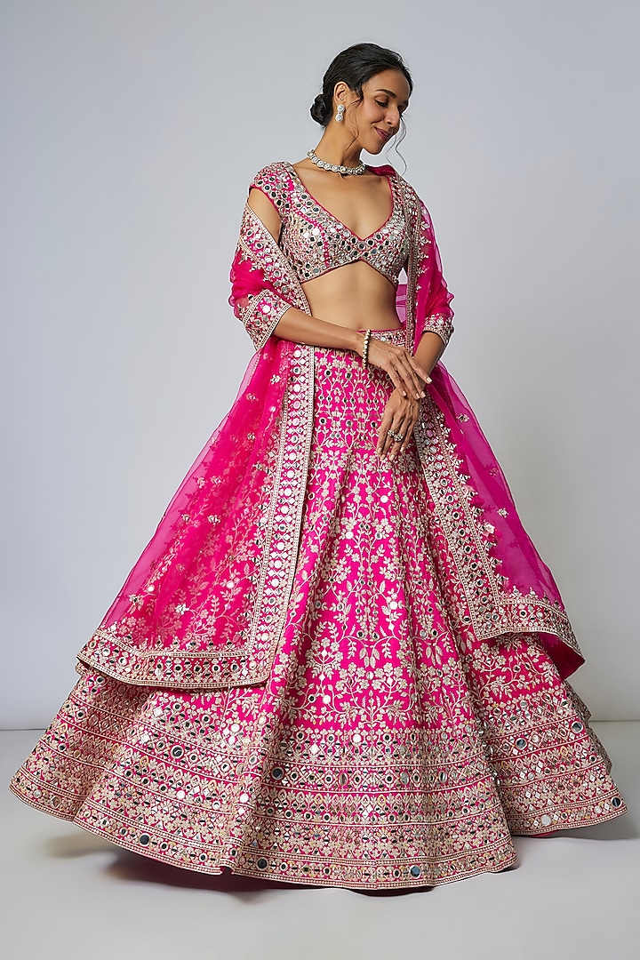 Pink Tussar Thread & Mirror Embellished Kalidar Bridal Lehenga Set by GOPI VAID at Pernia's Pop Up Shop