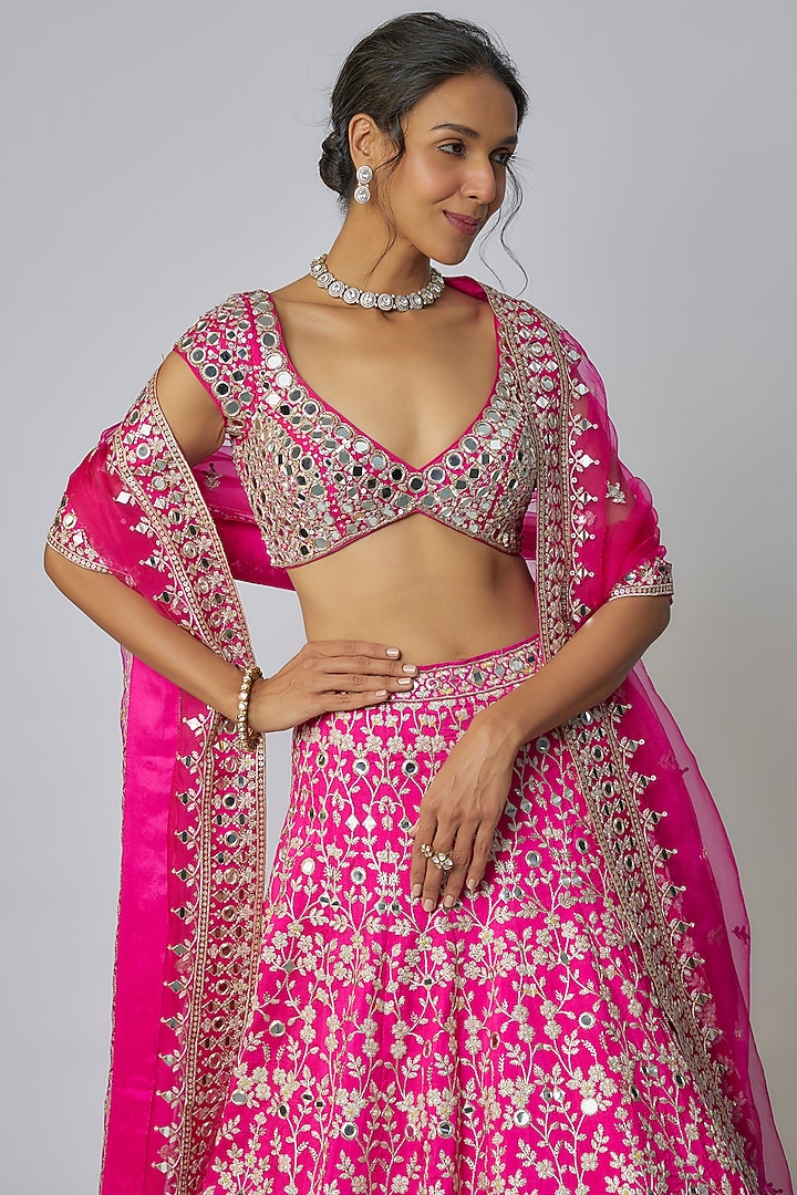 Pink Tussar Thread & Mirror Embellished Kalidar Bridal Lehenga Set by GOPI VAID at Pernia's Pop Up Shop