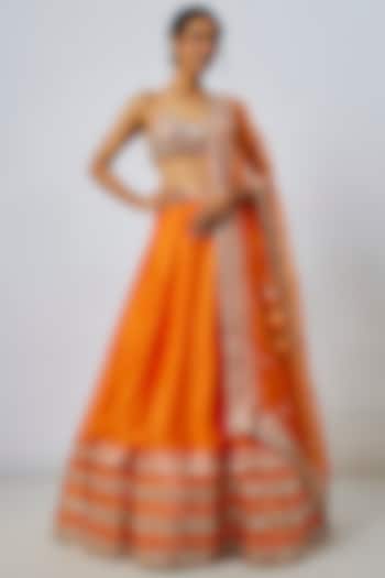 Orange Tussar Thread & Mirror Embellished Kalidar Wedding Lehenga Set by GOPI VAID at Pernia's Pop Up Shop
