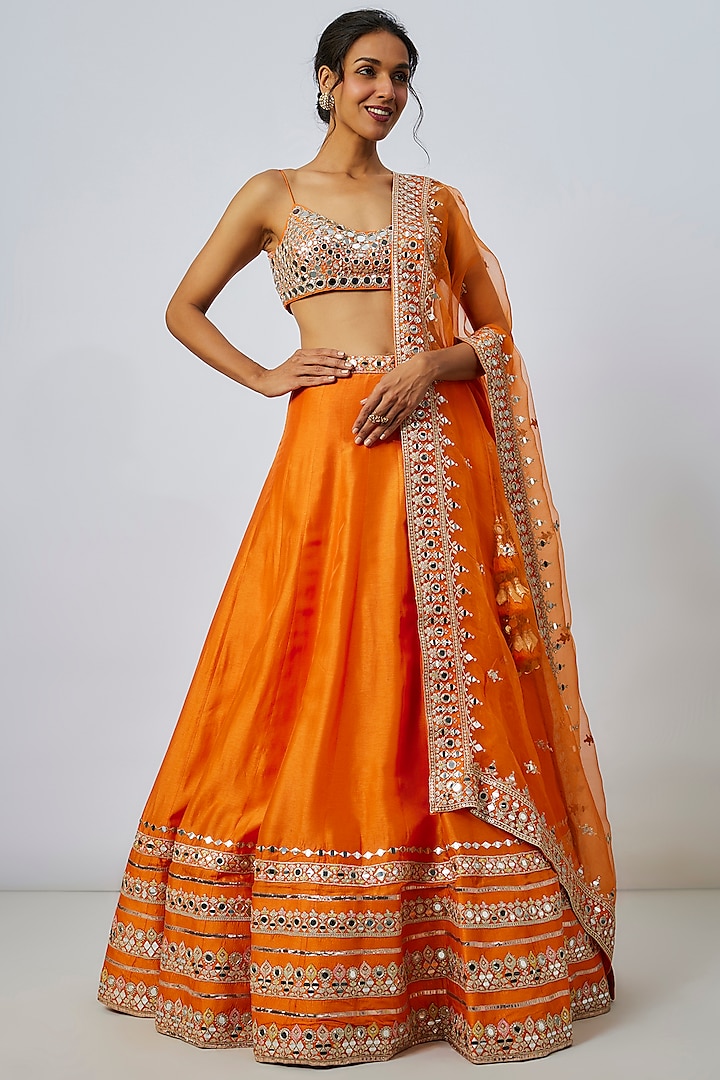 Orange Tussar Thread & Mirror Embellished Kalidar Wedding Lehenga Set by GOPI VAID at Pernia's Pop Up Shop