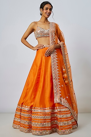 Orange Tussar Thread & Mirror Embellished Kalidar Lehenga Set by GOPI VAID