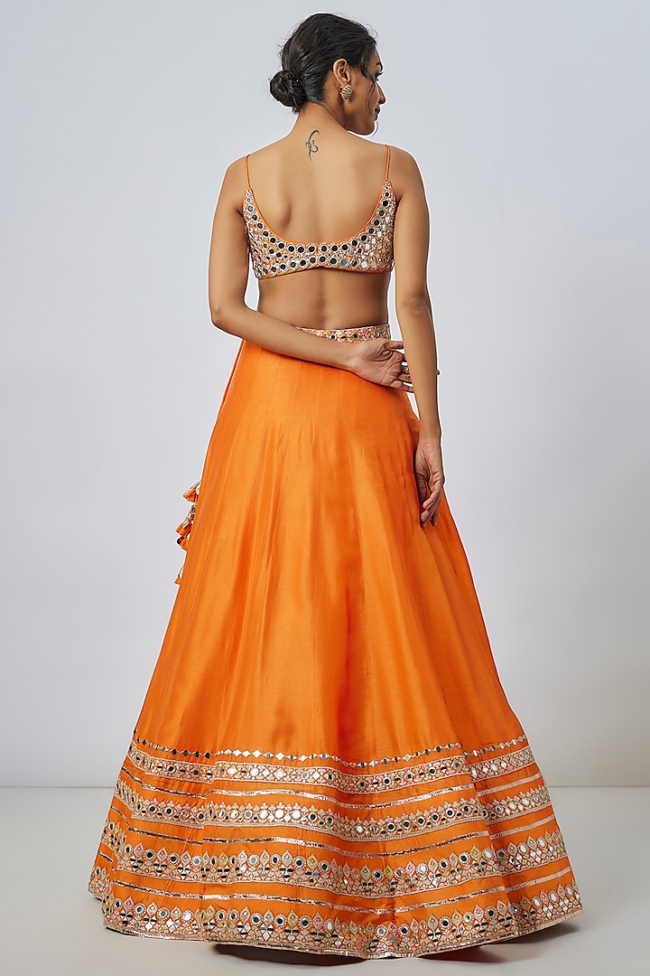 Orange Tussar Thread & Mirror Embellished Kalidar Wedding Lehenga Set by GOPI VAID at Pernia's Pop Up Shop