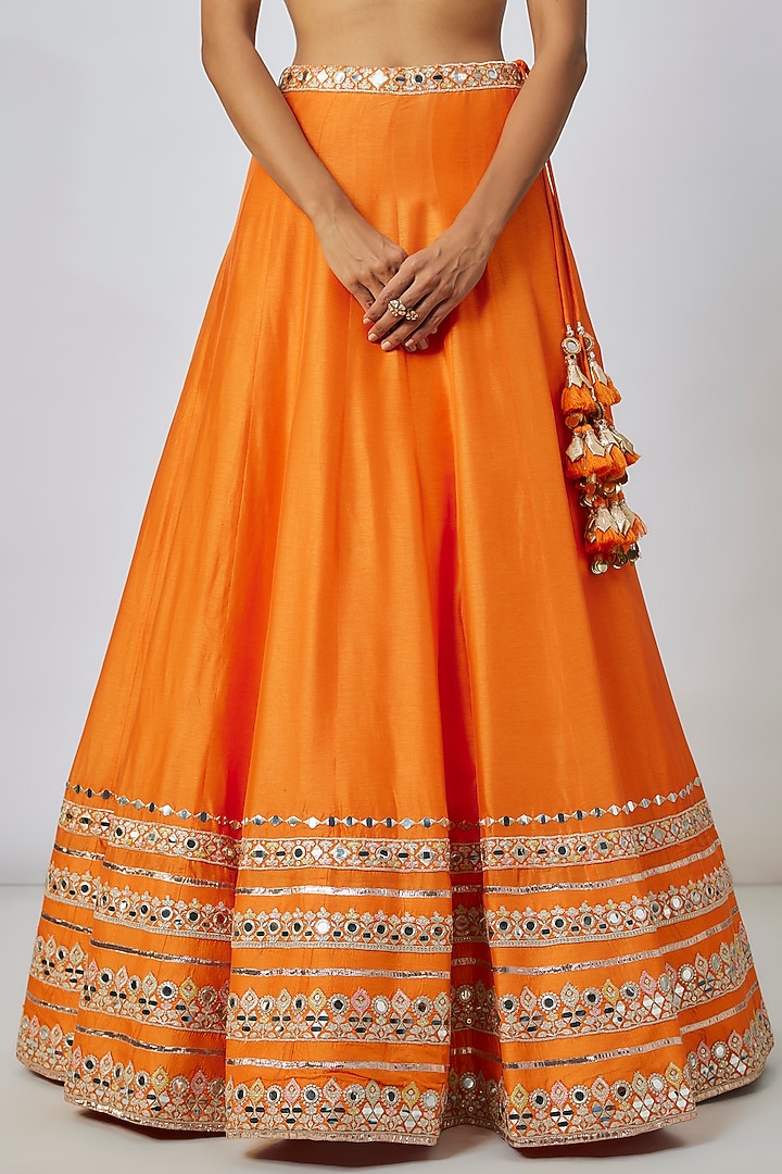 Orange Tussar Thread & Mirror Embellished Kalidar Wedding Lehenga Set by GOPI VAID at Pernia's Pop Up Shop