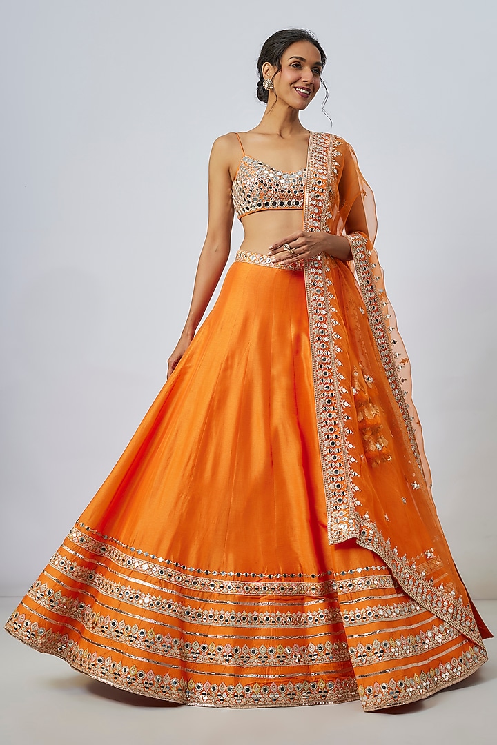 Orange Tussar Thread & Mirror Embellished Kalidar Wedding Lehenga Set by GOPI VAID at Pernia's Pop Up Shop