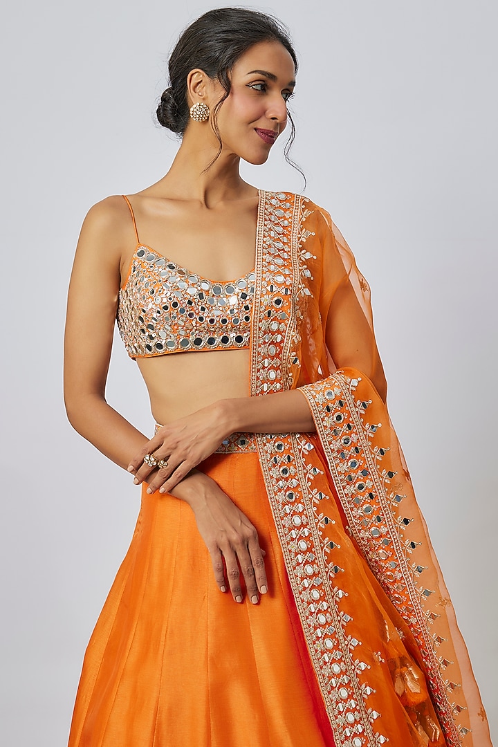 Orange Tussar Thread & Mirror Embellished Kalidar Wedding Lehenga Set by GOPI VAID at Pernia's Pop Up Shop