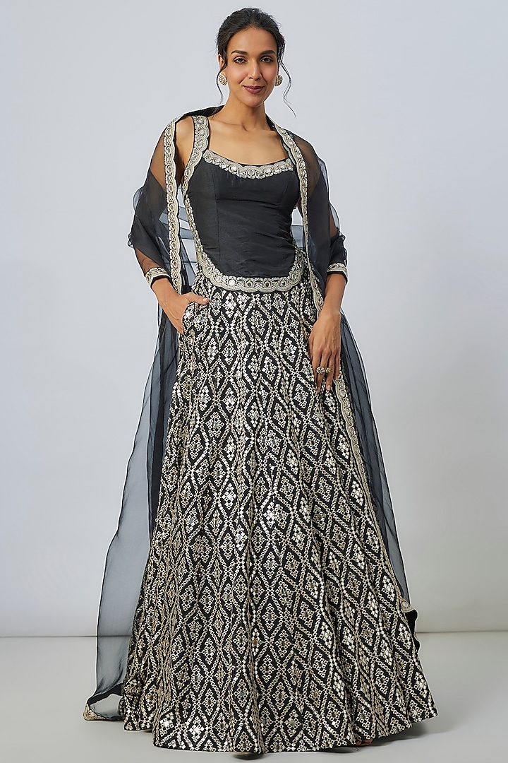 Black Organza Embroidered Wedding Lehenga Set by GOPI VAID at Pernia's Pop Up Shop