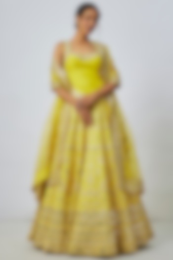 Yellow Tussar Mirror Embroidered Kalidar Wedding Lehenga Set by GOPI VAID at Pernia's Pop Up Shop