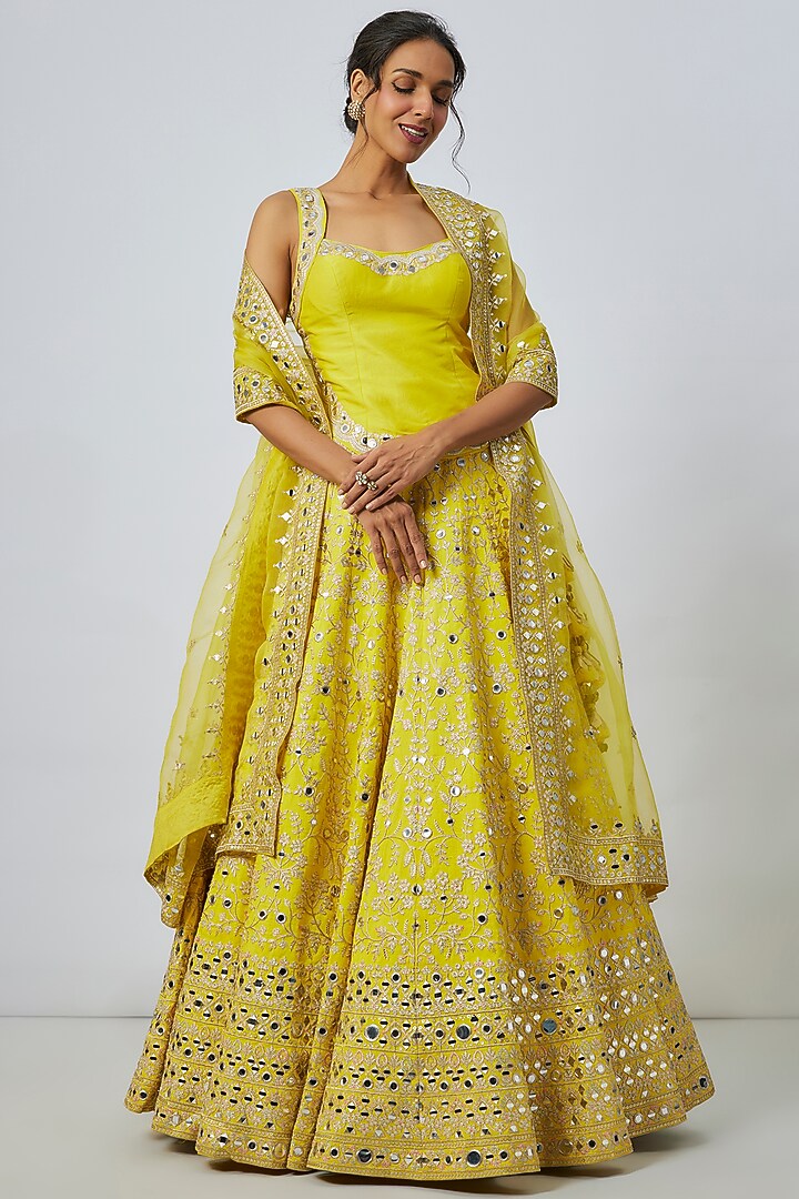 Yellow Tussar Mirror Embroidered Kalidar Wedding Lehenga Set by GOPI VAID at Pernia's Pop Up Shop