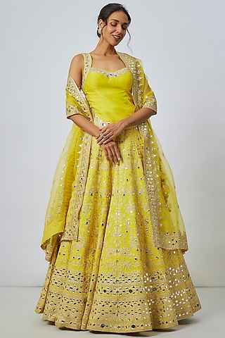 Yellow Tussar Mirror Embroidered Kalidar Lehenga Set by GOPI VAID