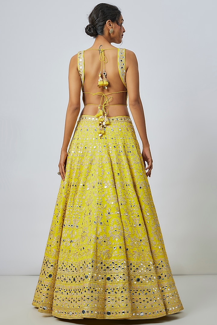 Yellow Tussar Mirror Embroidered Kalidar Wedding Lehenga Set by GOPI VAID at Pernia's Pop Up Shop
