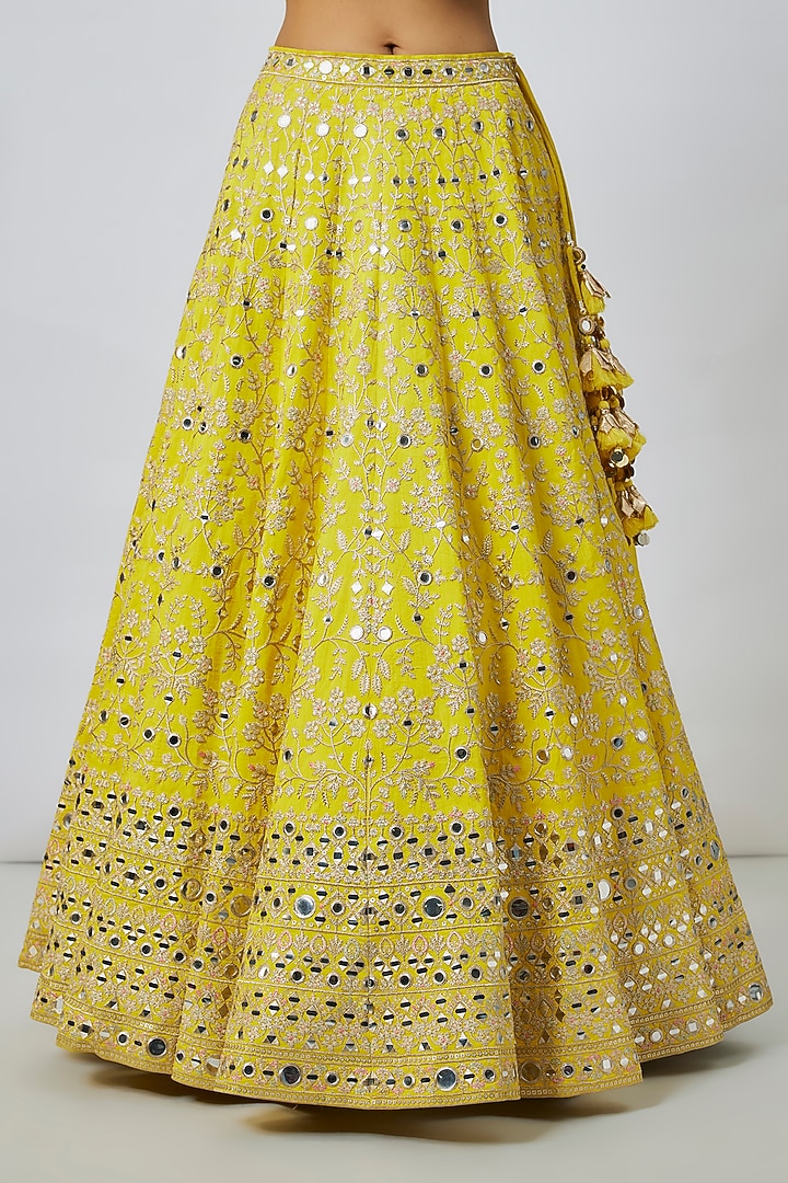 Yellow Tussar Mirror Embroidered Kalidar Wedding Lehenga Set by GOPI VAID at Pernia's Pop Up Shop