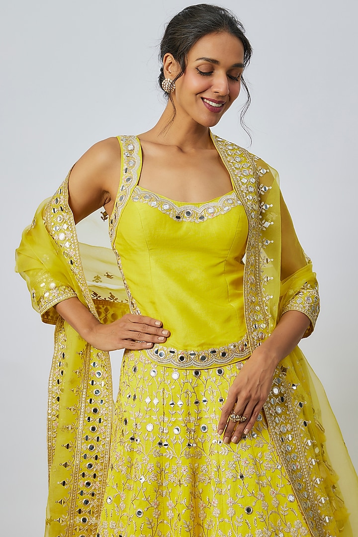 Yellow Tussar Mirror Embroidered Kalidar Wedding Lehenga Set by GOPI VAID at Pernia's Pop Up Shop