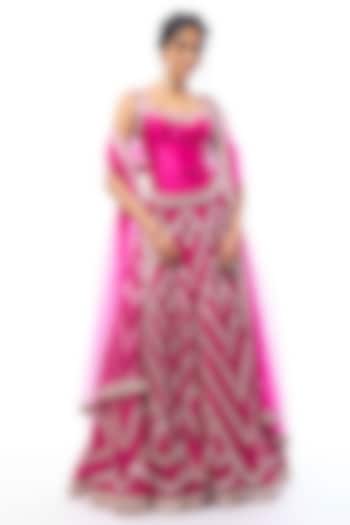 Rani Pink Organza Mirror Embroidered Wedding Lehenga Set by GOPI VAID at Pernia's Pop Up Shop