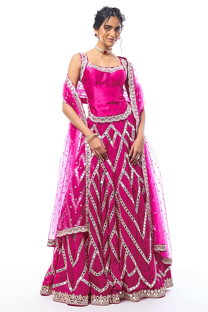 Rani Pink Organza Mirror Embroidered Wedding Lehenga Set by GOPI VAID at Pernia's Pop Up Shop