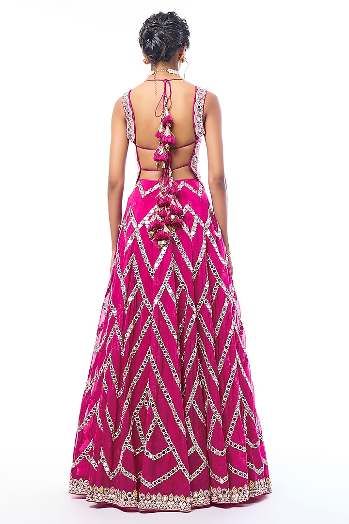 Rani Pink Organza Mirror Embroidered Wedding Lehenga Set by GOPI VAID at Pernia's Pop Up Shop