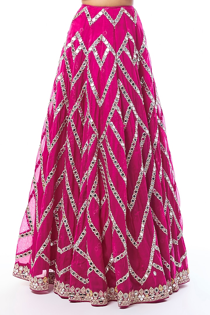 Rani Pink Organza Mirror Embroidered Wedding Lehenga Set by GOPI VAID at Pernia's Pop Up Shop