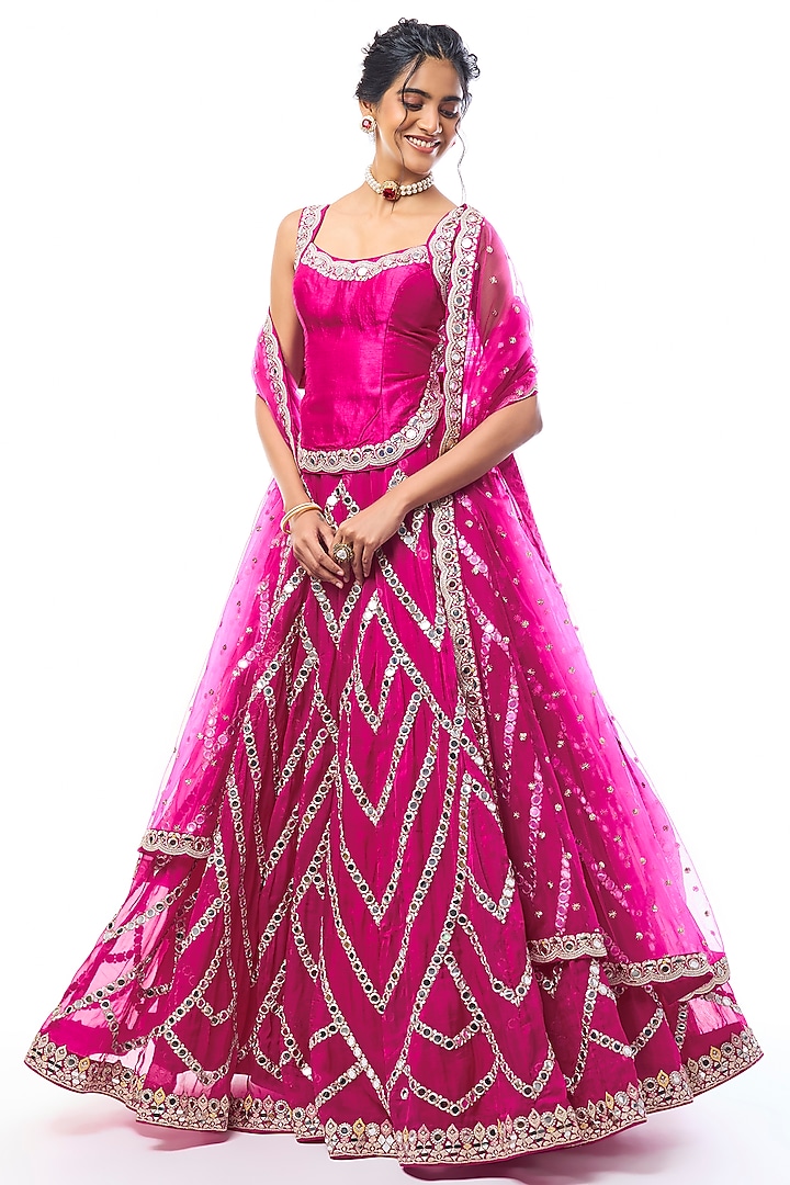 Rani Pink Organza Mirror Embroidered Wedding Lehenga Set by GOPI VAID at Pernia's Pop Up Shop