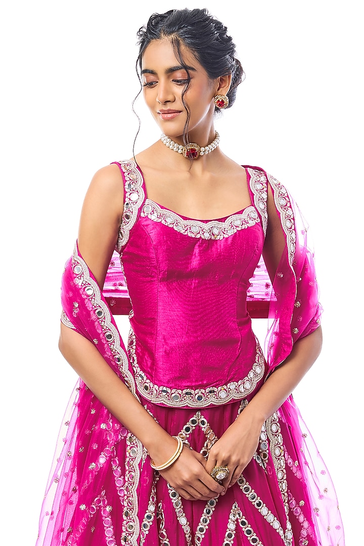 Rani Pink Organza Mirror Embroidered Wedding Lehenga Set by GOPI VAID at Pernia's Pop Up Shop