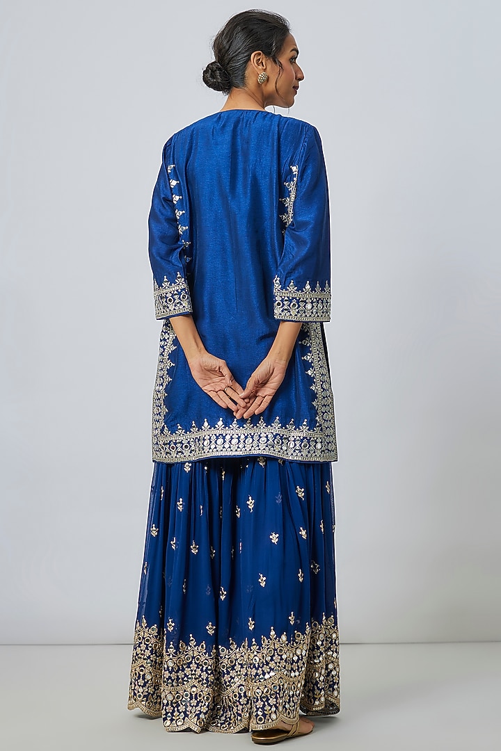 Blue Georgette Mirror Embroidered Wedding Sharara Set by GOPI VAID at Pernia's Pop Up Shop