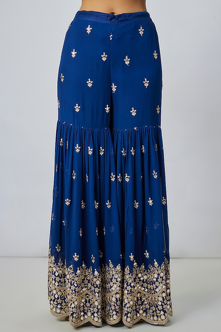 Blue Georgette Mirror Embroidered Wedding Sharara Set by GOPI VAID at Pernia's Pop Up Shop
