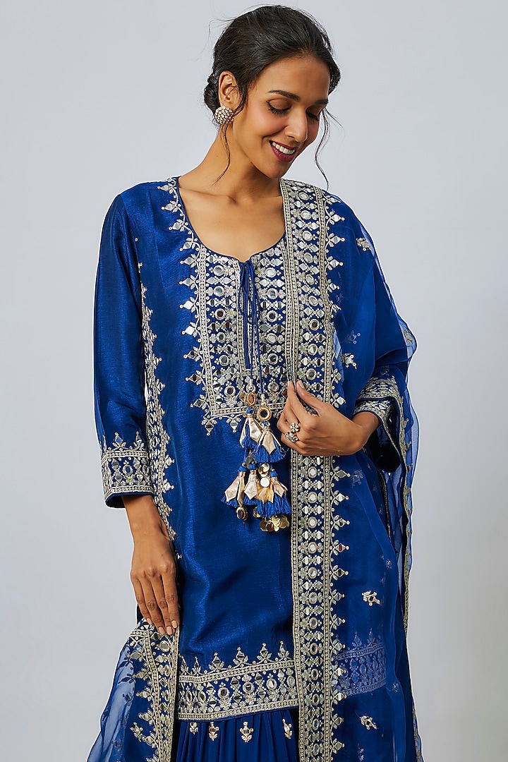 Blue Georgette Mirror Embroidered Wedding Sharara Set by GOPI VAID at Pernia's Pop Up Shop