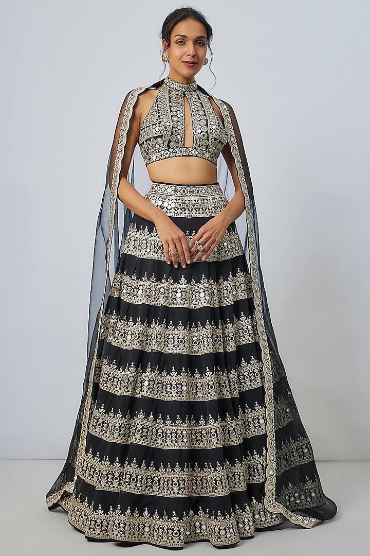 Black Organza Mirror Embroidered Kalidar Wedding Lehenga Set by GOPI VAID at Pernia's Pop Up Shop