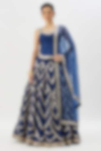Blue Organza Mirror Embroidered Wedding Lehenga Set by GOPI VAID at Pernia's Pop Up Shop