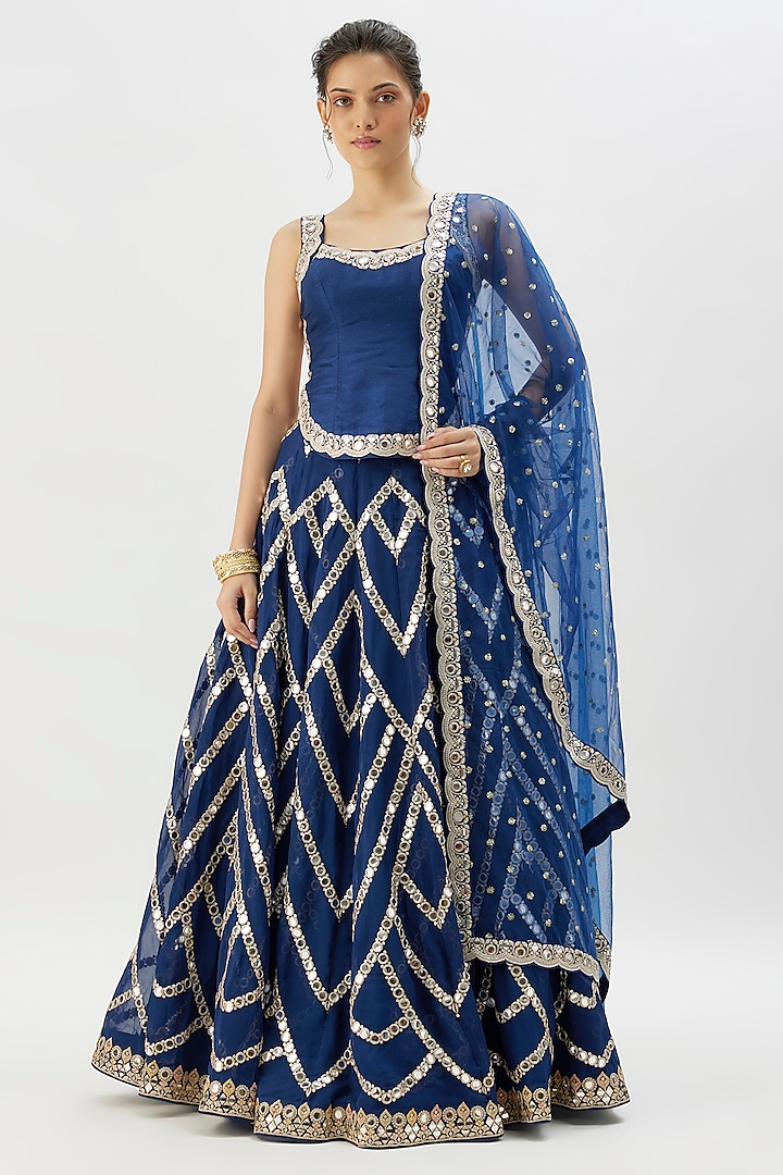 Blue Organza Mirror Embroidered Wedding Lehenga Set by GOPI VAID at Pernia's Pop Up Shop