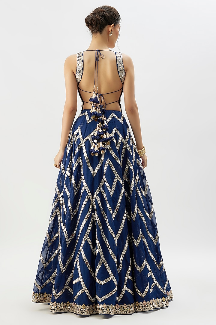 Blue Organza Mirror Embroidered Wedding Lehenga Set by GOPI VAID at Pernia's Pop Up Shop