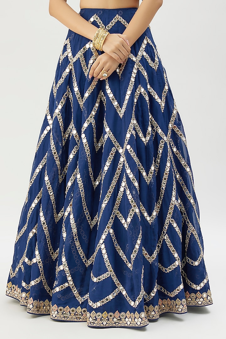 Blue Organza Mirror Embroidered Wedding Lehenga Set by GOPI VAID at Pernia's Pop Up Shop