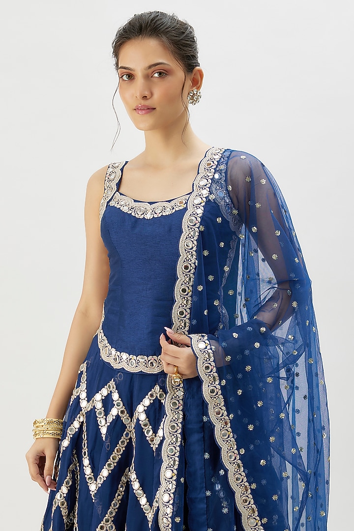 Blue Organza Mirror Embroidered Wedding Lehenga Set by GOPI VAID at Pernia's Pop Up Shop