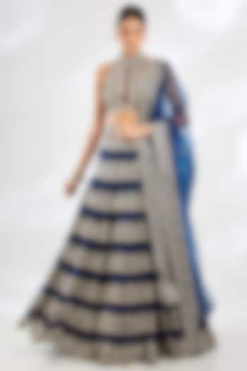Electric Blue Tussar Gold Embroidered Wedding Lehenga Set by GOPI VAID at Pernia's Pop Up Shop