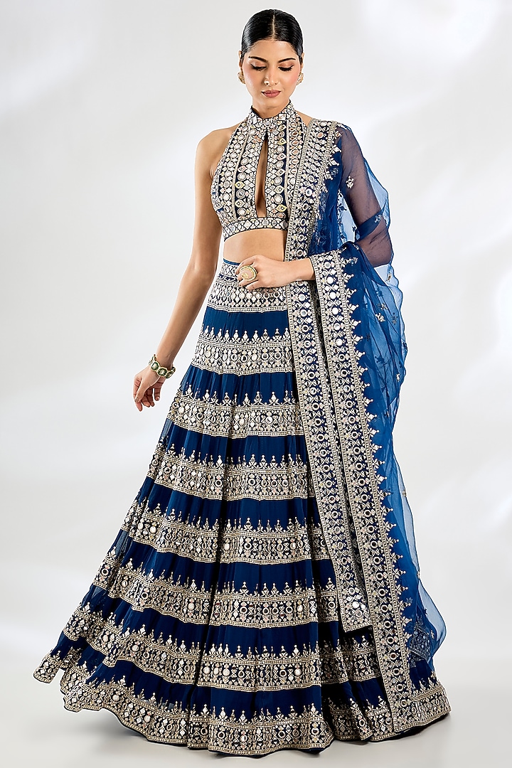Electric Blue Tussar Gold Embroidered Wedding Lehenga Set by GOPI VAID at Pernia's Pop Up Shop