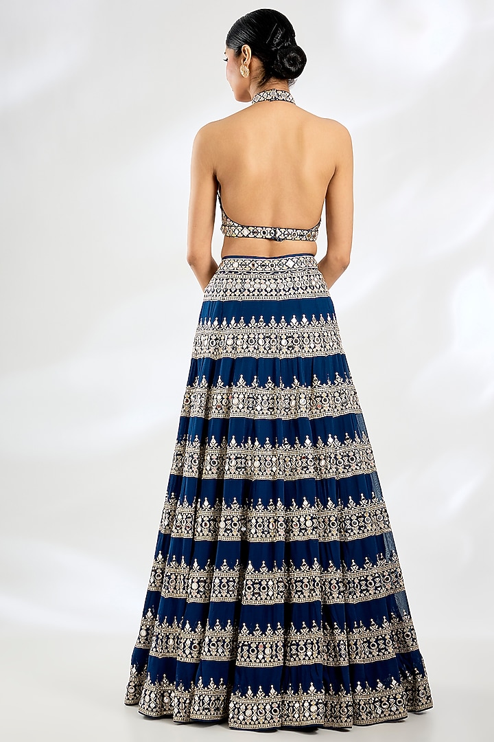 Electric Blue Tussar Gold Embroidered Wedding Lehenga Set by GOPI VAID at Pernia's Pop Up Shop