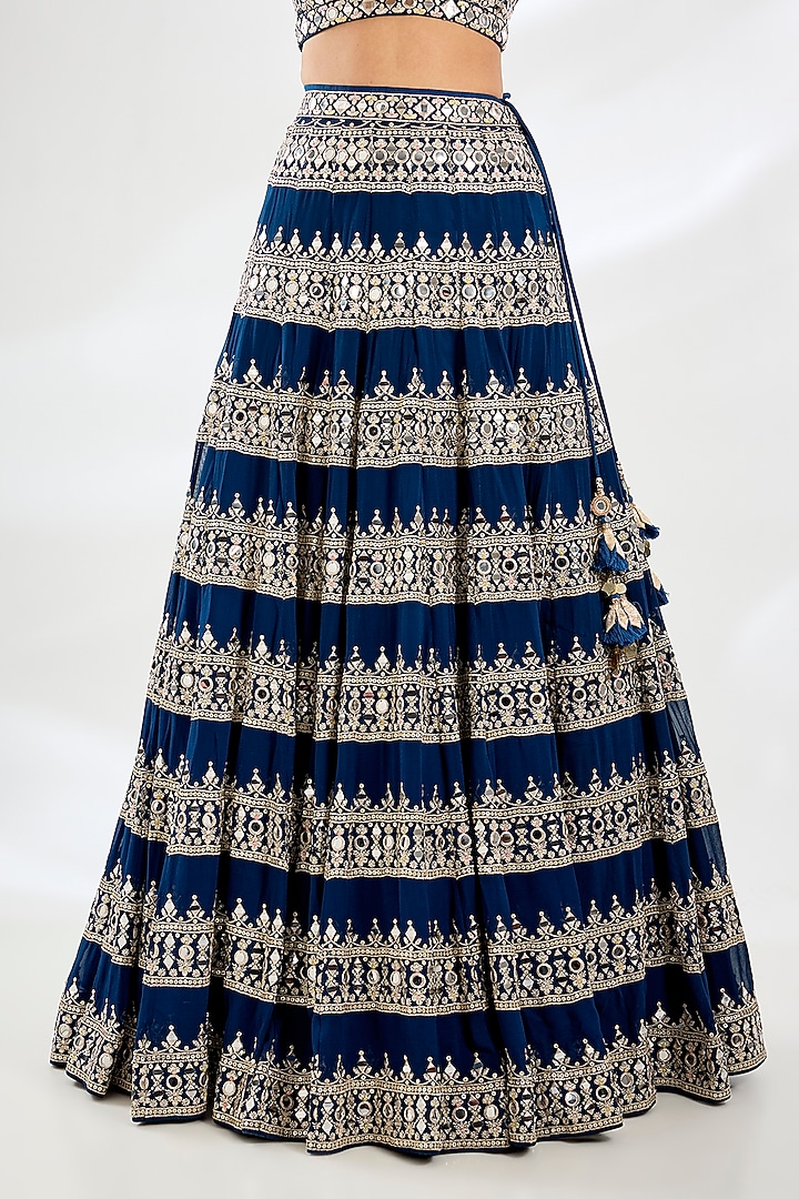 Electric Blue Tussar Gold Embroidered Wedding Lehenga Set by GOPI VAID at Pernia's Pop Up Shop