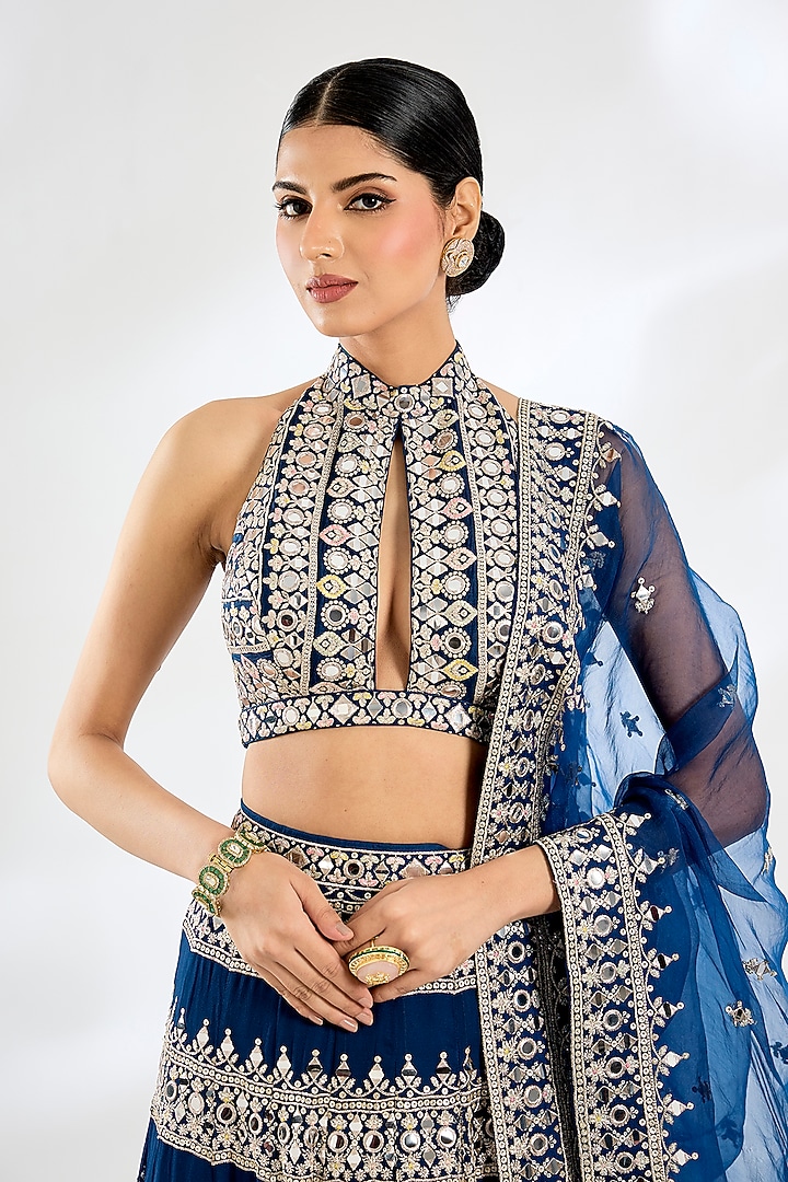 Electric Blue Tussar Gold Embroidered Wedding Lehenga Set by GOPI VAID at Pernia's Pop Up Shop